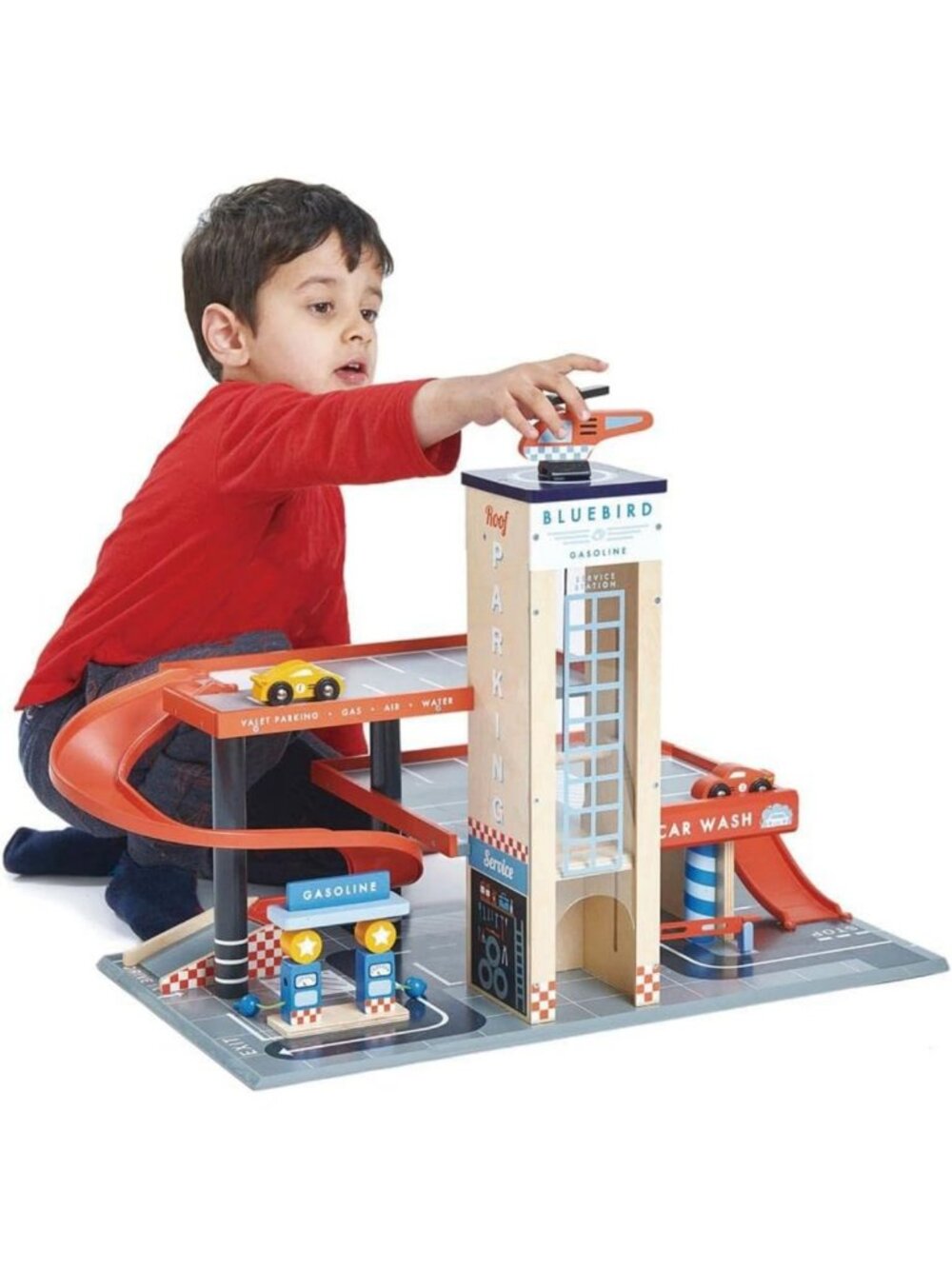 Classic Wooden Garage & Service Station Playset for Kids - Cars, Helicopter